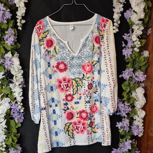 Chicyea Tops - Cream Floral V-Neck Tunic with Pink & Blue Accents